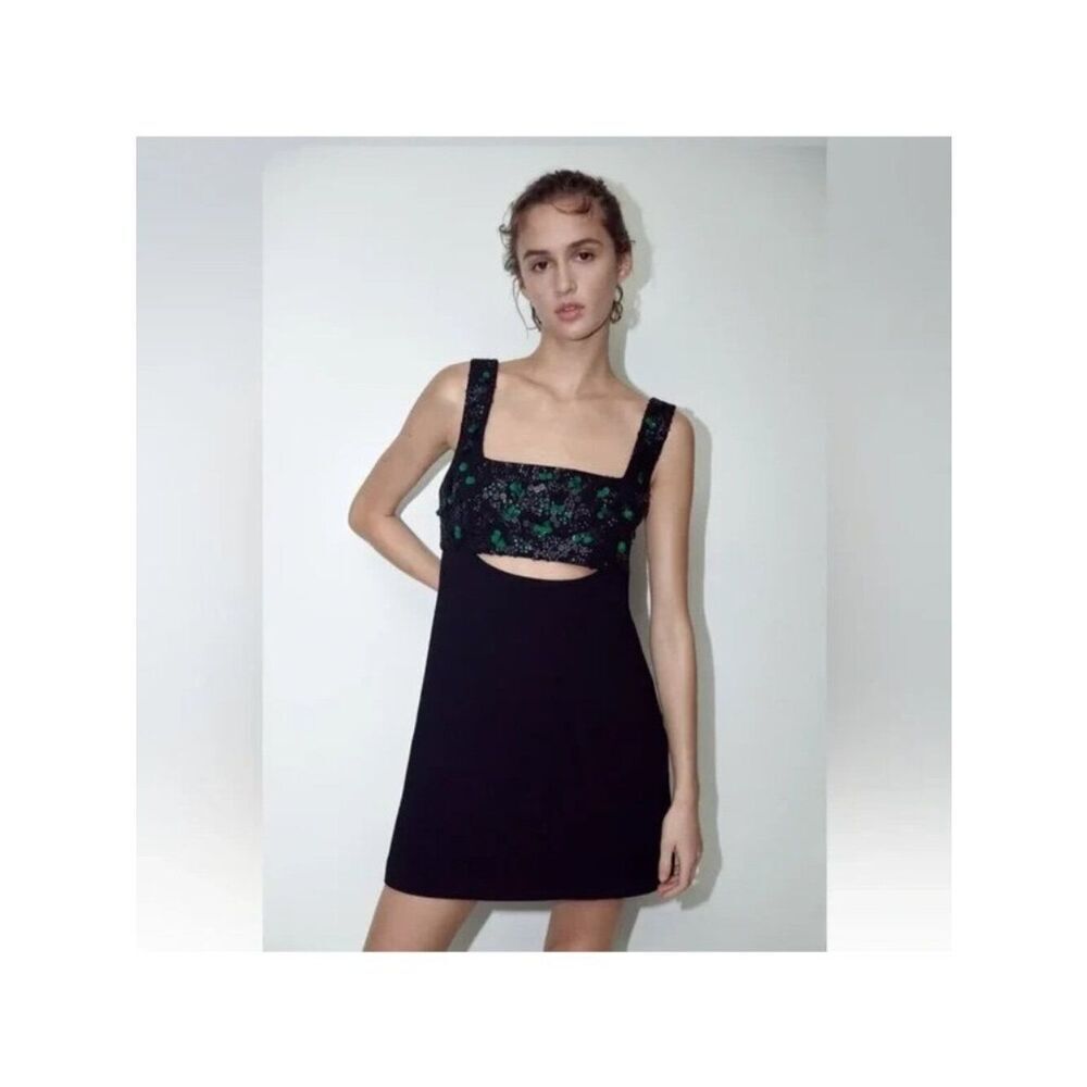 Zara Womens Mini Dress XL Black Embroidered Yoke Beaded Sleeveless 2151/878 NWT